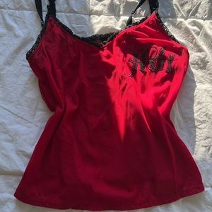Red Mesh Rhinestone “Hot” Lace Sleep Cami